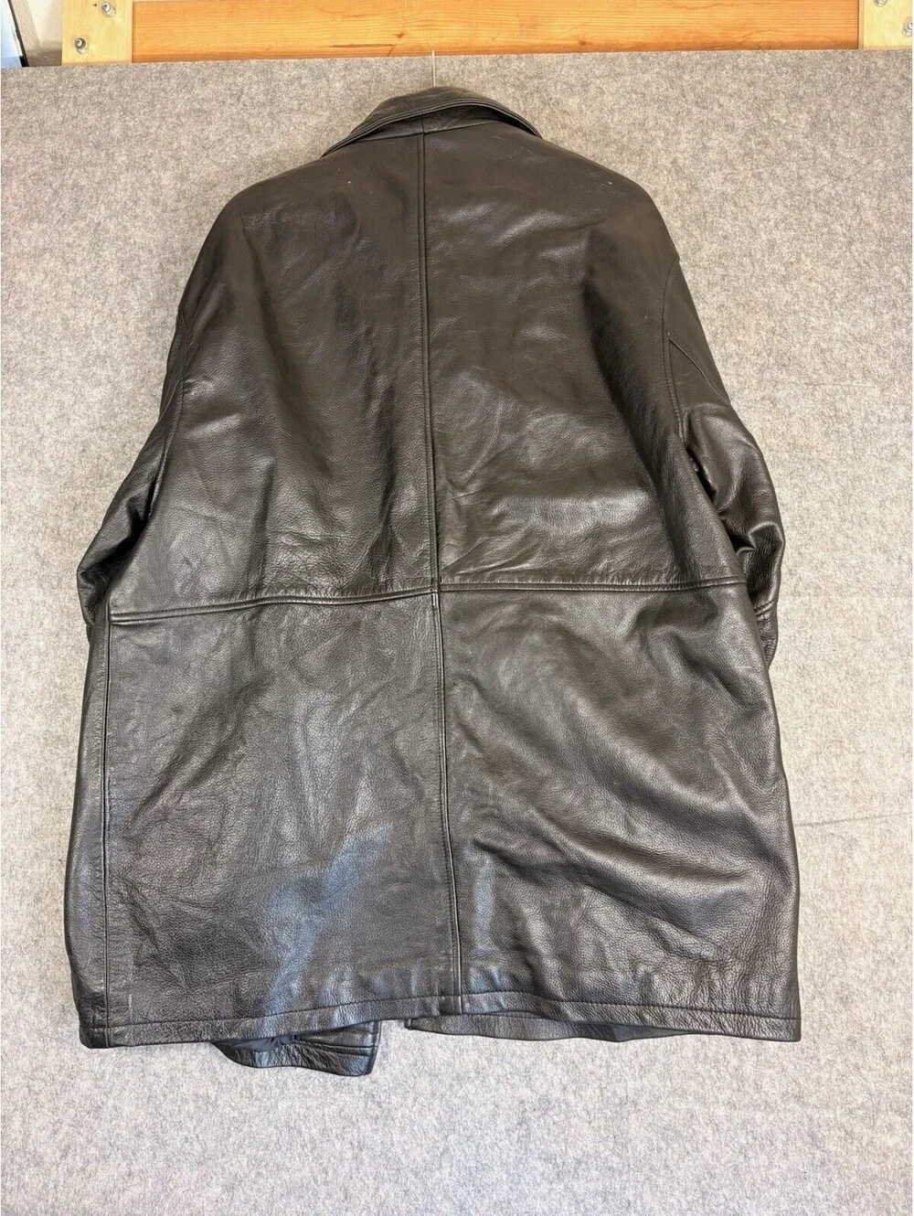 Wilsons Black Leather Long Overcoat Size L Lined Stand-Up Collar Button Zip